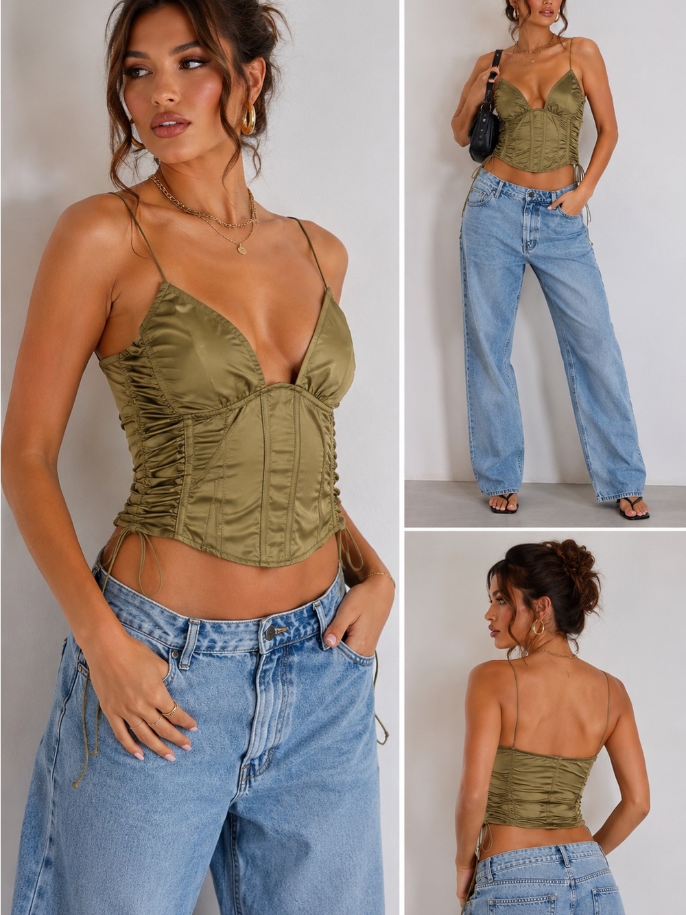 PrettyLittleThing Olive Green Ruched Corset Top Size 14 – Y2K Going Out Top
